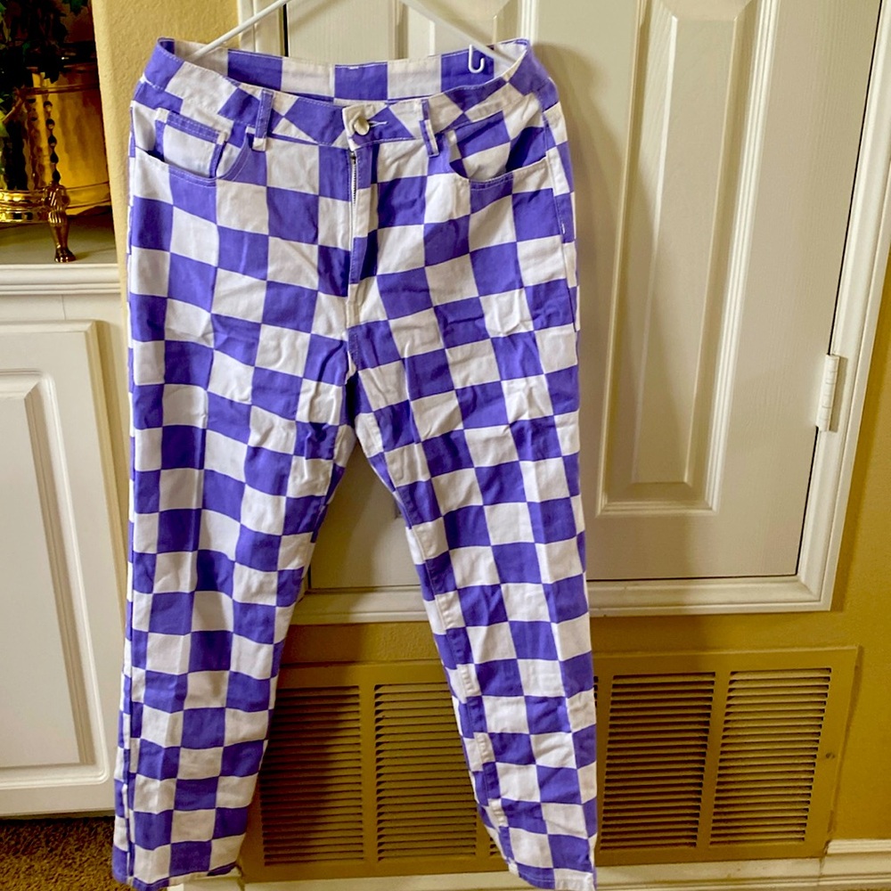 Purple/white checkered jeans size Large